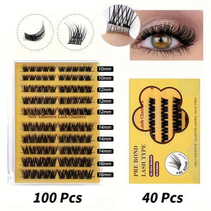 Individual DIY lashes Self-Adhesive Fluffy Cluster Eyelash Extensions - No Glue Needed, 40pcs/100pcs, Dense & Voluminous, 10-16mm Length, Easy Application, Doll & Cat Eye Look