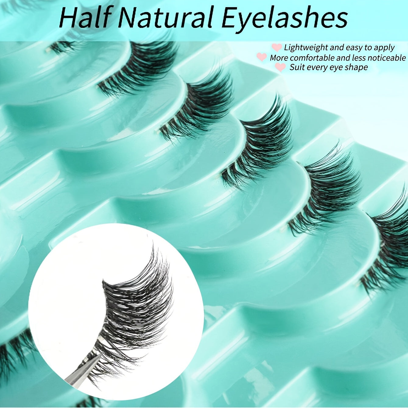 10 Pairs Cat-Eye Half Lashes with Transparent Stems – Natural Look, Reusable, D Curl, 10-12mm/6-9mm Length, Easy for Beginners