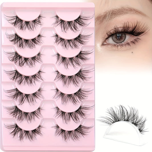 7 Pairs of Fitting Eyelashes - Natural Look, Clear Band, Thin, Fox Eyes, Korean Short, Anime Mink, Cluster Strip Pack.