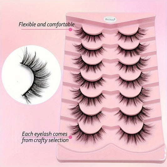 7 Pairs 3D Faux Mink Eyelashes Set - Natural & Cross Style Mixed, Fluffy Volume, C Curl, Reusable False Lashes for Beginners, Multiple Sizes 13-18mm