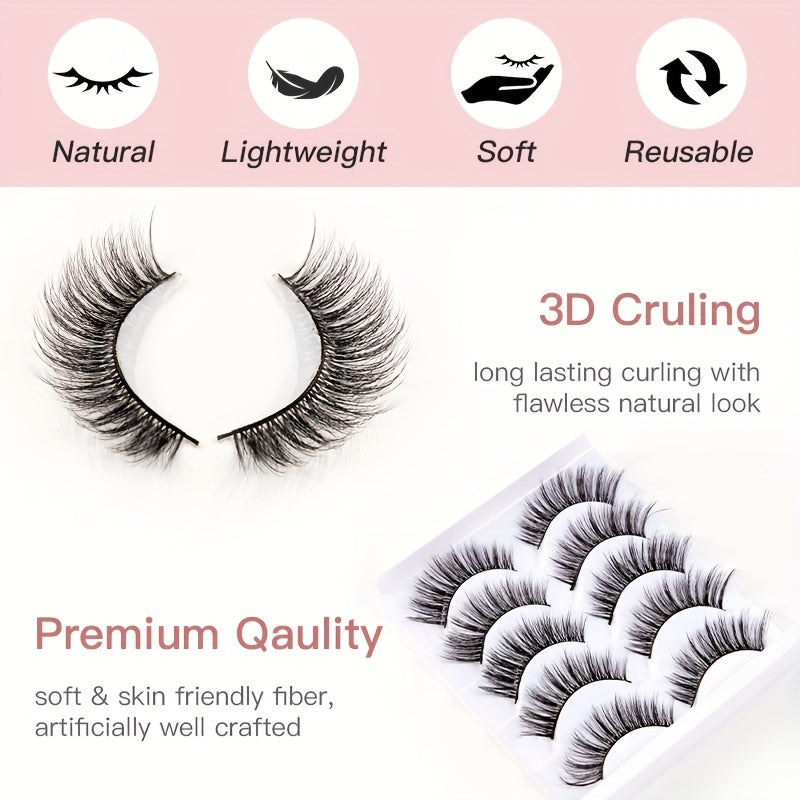 5 Pairs Natural Strip Lashes, 3D Volume Faux Mink, C Curl, Fluffy Cat Eye, Soft Curly, Flared Wing Tips, Reusable, Looks Like Extensions for Daily Use