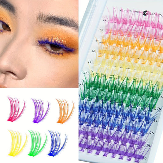 Colorful Eyelashes 120PCS DIY Eyelash Extension Kit - D Curl, 6 Colorful Cluster Lashes (14mm+16mm Mix) - Reusable & Beginner-Friendly for Festivals, Parties & Stage Makeup