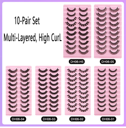 10-Pair Set of New DD Curl Russian Volume Lashes, Large Curve, Dramatic C & D Curls, Thick European & American Style Eyelashes