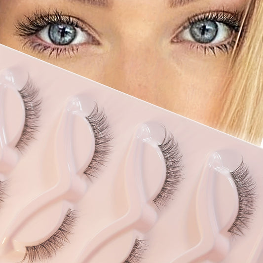 5 Pairs 3D Natural Faux Mink Wispy Cat Eye Lashes Pack with Transparent Stem, Crisscrossed Short Strip Lashes