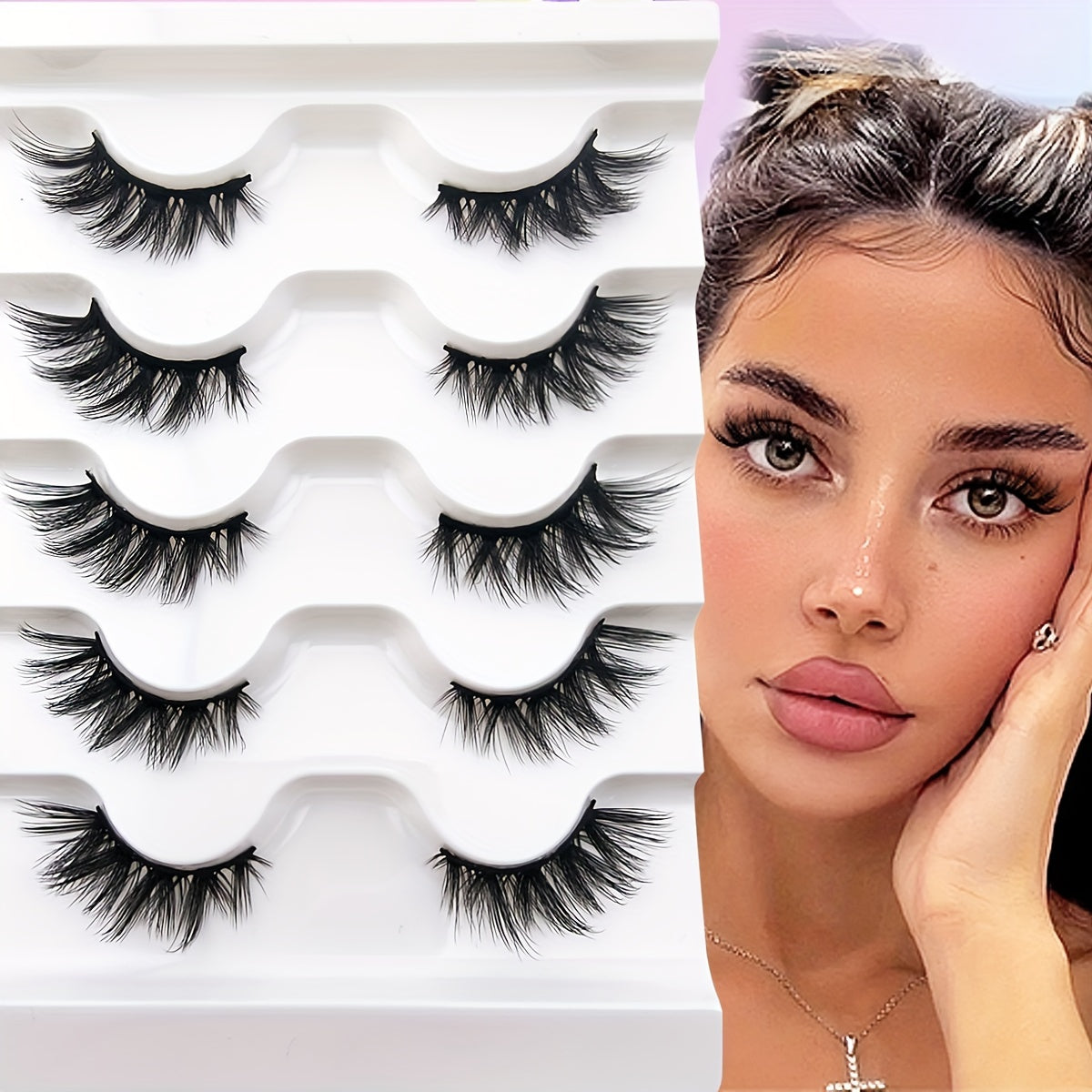 5 Pairs Half Lashes 16mm Natural Look Wispy Cat-Eye Lashes - Fluffy Soft 3/4 Corner Elongated Faux Mink Strip Lashes Set