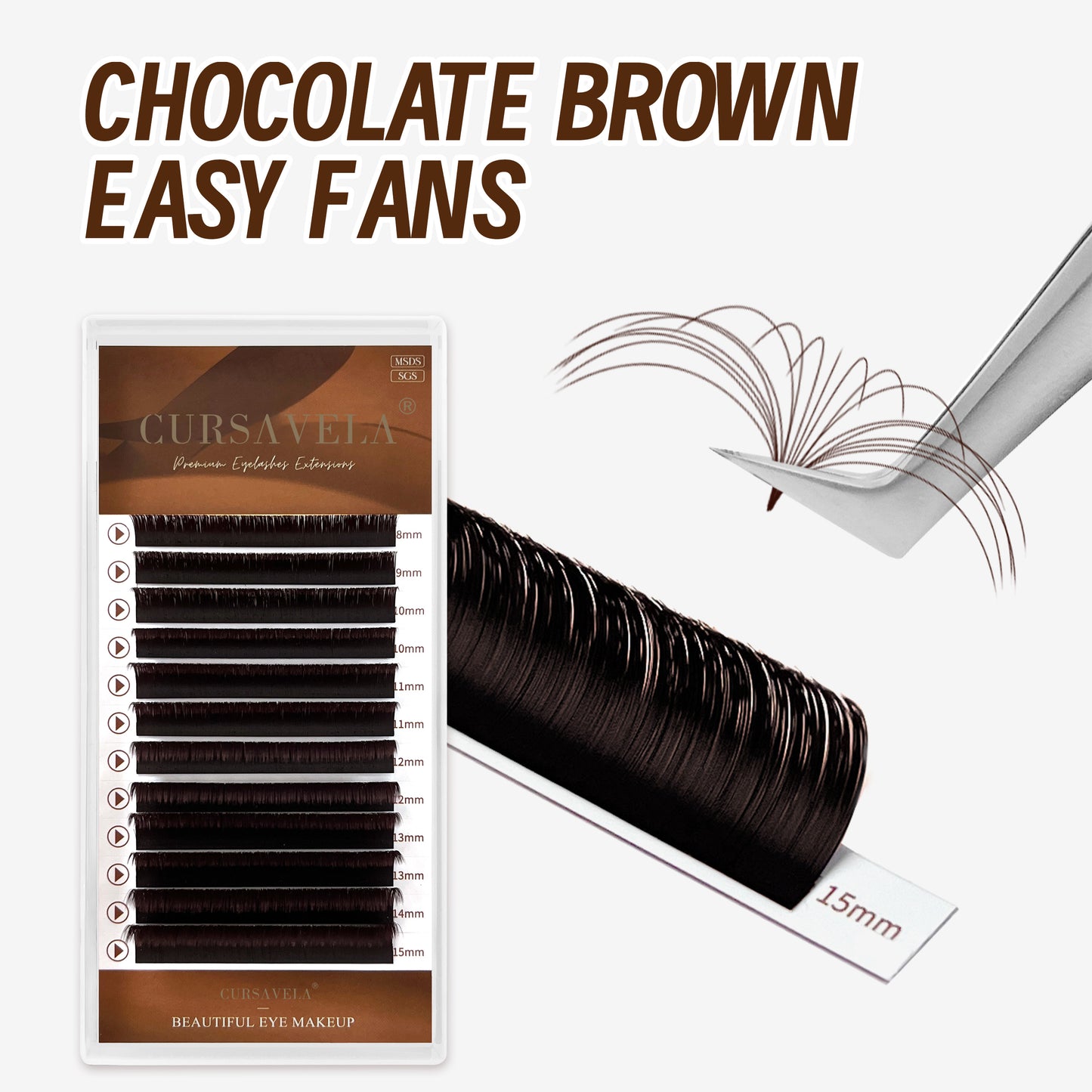 100pcs CURSAVELA Cashmere Bron Easy Fan Eyelash Extensions Brown Auto Fans Silk Handmade Volume Lashes