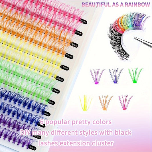 Colorful Eyelashes Vibrant DIY Lashes Kit (240/120 pcs) - Includes Individual Lashes, Glue, Tweezers, and 6 Colors of Colored Lash Clusters (14MM+16MM Mixed) - Perfect for Music Festivals, Parties, and Everyday Use.