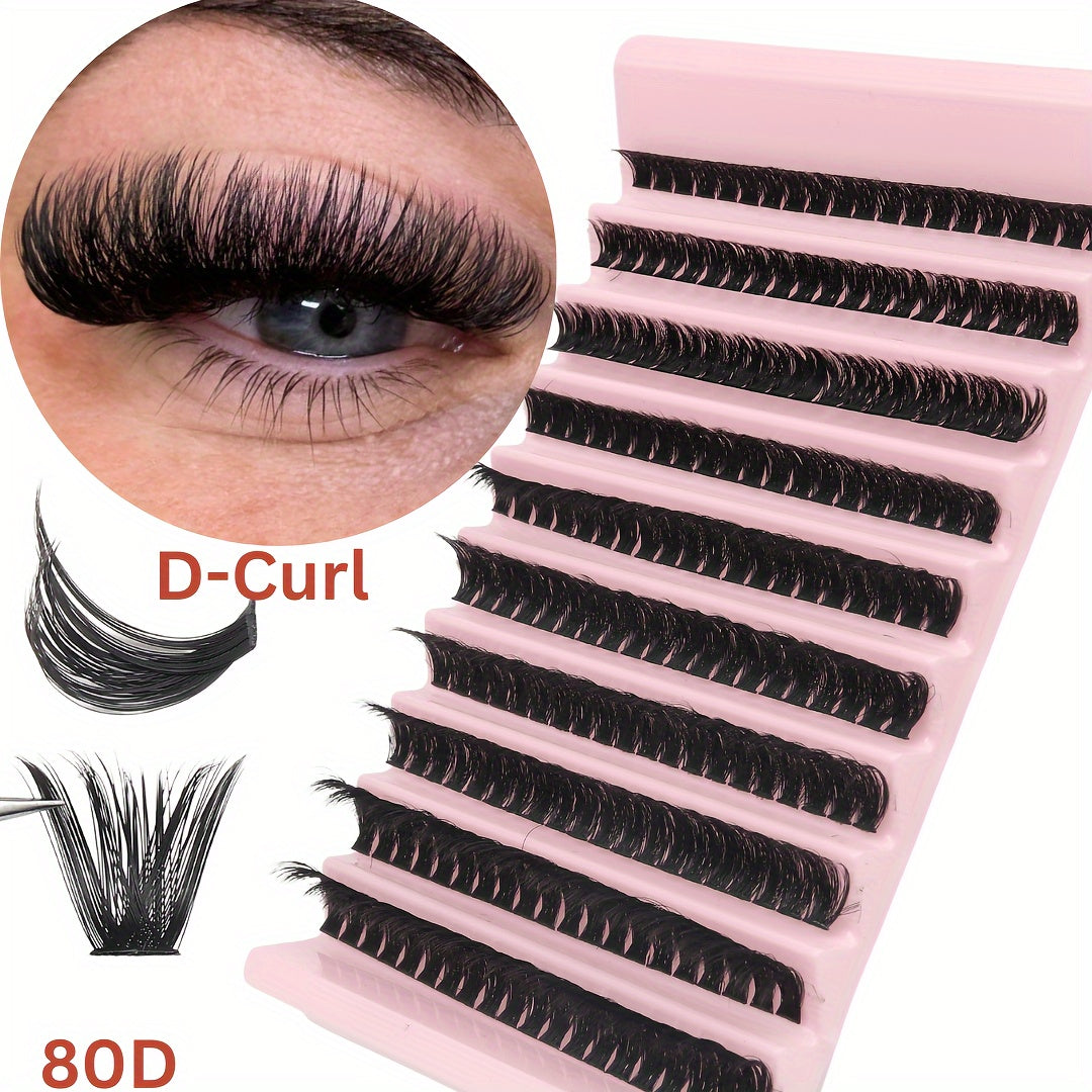 80D/40D Mixed Cluster Eyelash Extensions, 0.07mm, Russian DD & C Curl, 10-16mm, Self-Adhesive, Beginner-Friendly, Reusable False Eyelashes Kit