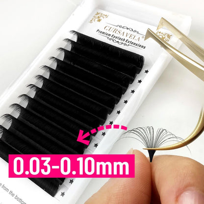 100pcs CURSAVELA Matte Dark Black Easy Fan Lashes – 0.03-0.10mm Volume Extension Mega Eyelashes with Blooming Fans