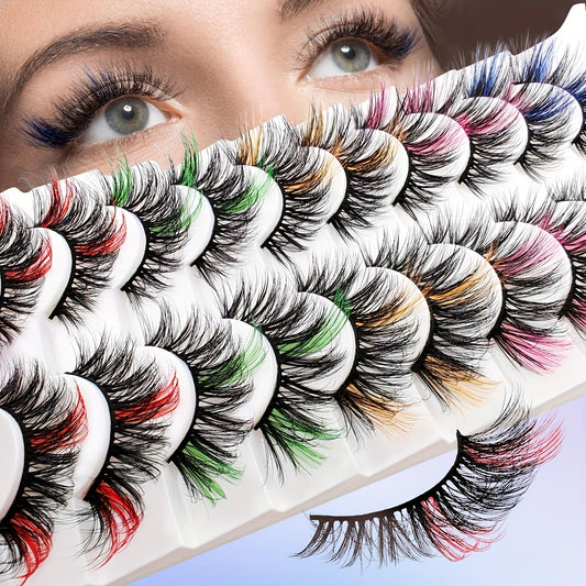 Colorful Eyelashes 10 Pairs Colorful Cat Eye False Lashes - 5 Mixed Colors, Fluffy Mink-Like Design with Extended Tail