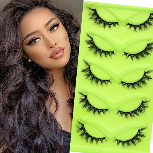 Easy Fan Eyelashes Cat Eye Faux Mink Eyelashes 5 Pairs - Hypoallergenic, Fluffy Soft Cross Full Strip Lashes, Natural Look, Long Lasting