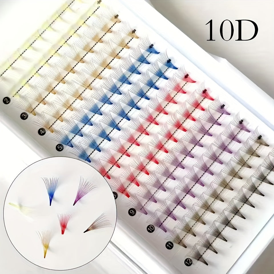 Colorful 10D Volume Fan Eyelash Extensions - 120 Clusters, Pointed Base, Easy-to-Apply & Reusable, Ethically Made, D-Curl, Mixed Colors (Yellow, Blue, Purple, Brown).