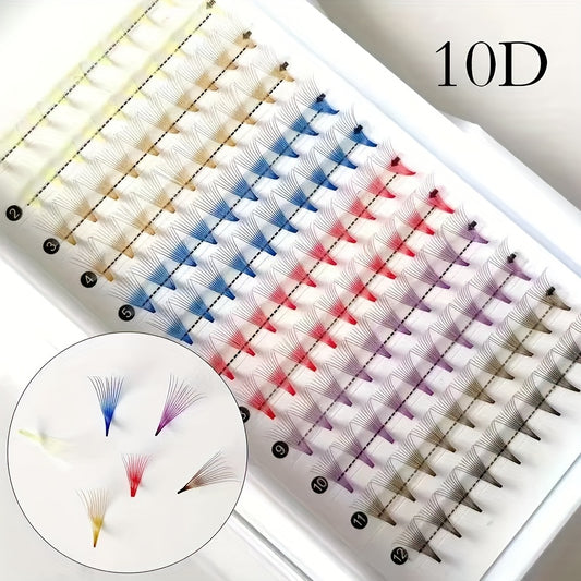 Colorful 10D Volume Fan Eyelash Extensions - 120 Clusters, Pointed Base, Easy-to-Apply & Reusable, Ethically Made, D-Curl, Mixed Colors (Yellow, Blue, Purple, Brown).