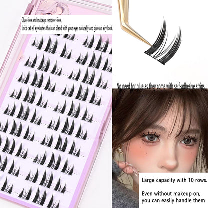 100 pcs Glue-Free Cat Elf False Eyelashes: Segmented, Self-Grafting, 10 Rows for Voluminous Look