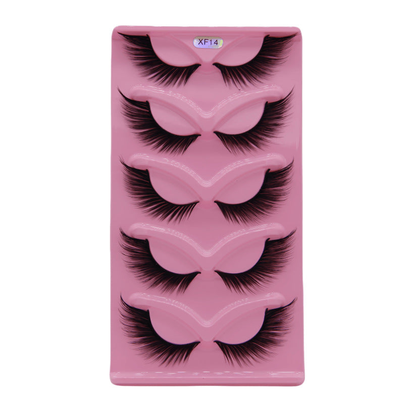 5-Pair Set 3D Cat Eye Fox Style False Eyelashes, Vintage Slanted Fluttering Design, Natural, Dense, Curled, Faux Lashes