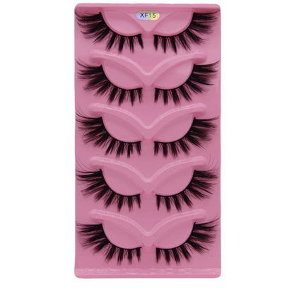 5-Pair Set 3D Cat Eye Fox Style False Eyelashes, Vintage Slanted Fluttering Design, Natural, Dense, Curled, Faux Lashes