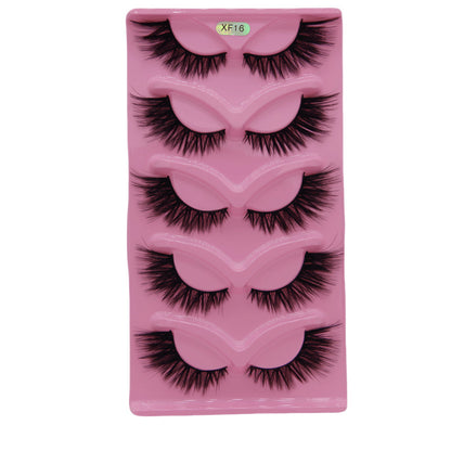 5-Pair Set 3D Cat Eye Fox Style False Eyelashes, Vintage Slanted Fluttering Design, Natural, Dense, Curled, Faux Lashes