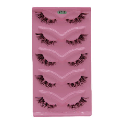 5-Pair Set 3D Cat Eye Fox Style False Eyelashes, Vintage Slanted Fluttering Design, Natural, Dense, Curled, Faux Lashes