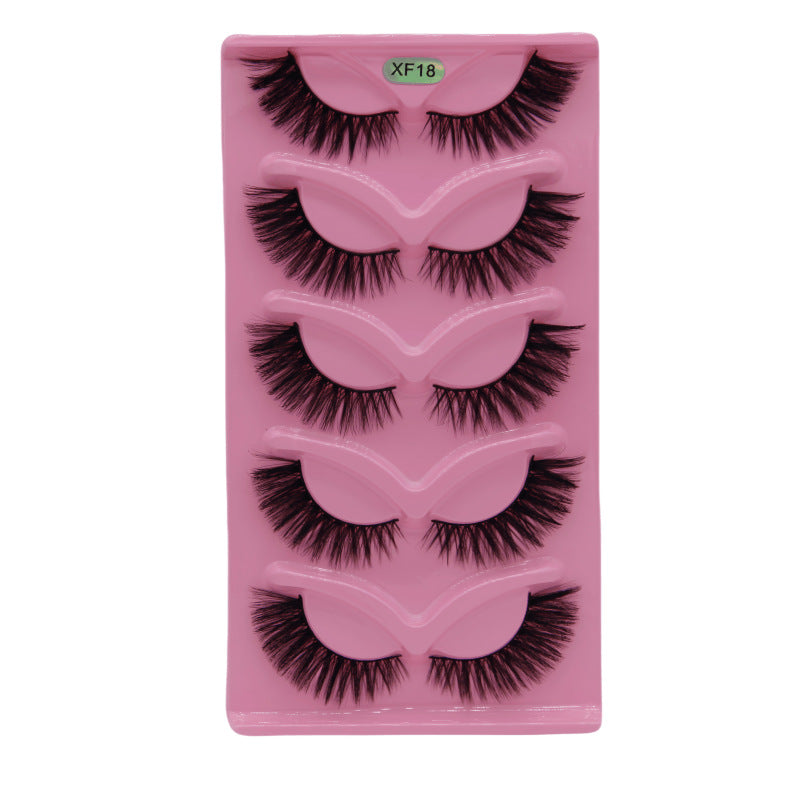 5-Pair Set 3D Cat Eye Fox Style False Eyelashes, Vintage Slanted Fluttering Design, Natural, Dense, Curled, Faux Lashes