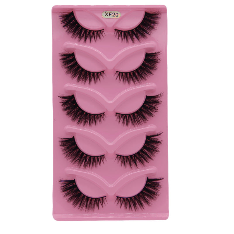 5-Pair Set 3D Cat Eye Fox Style False Eyelashes, Vintage Slanted Fluttering Design, Natural, Dense, Curled, Faux Lashes