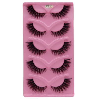 5-Pair Set 3D Cat Eye Fox Style False Eyelashes, Vintage Slanted Fluttering Design, Natural, Dense, Curled, Faux Lashes