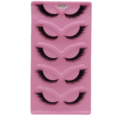 5-Pair Set 3D Cat Eye Fox Style False Eyelashes, Vintage Slanted Fluttering Design, Natural, Dense, Curled, Faux Lashes