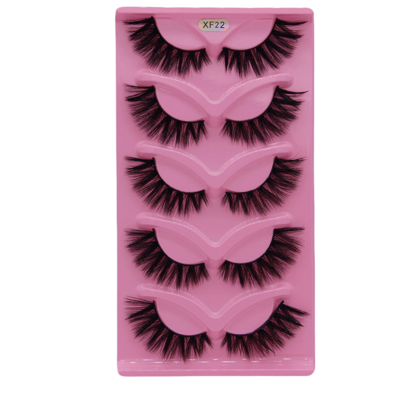 5-Pair Set 3D Cat Eye Fox Style False Eyelashes, Vintage Slanted Fluttering Design, Natural, Dense, Curled, Faux Lashes