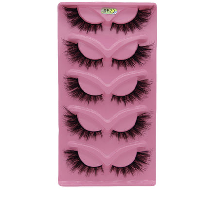 5-Pair Set 3D Cat Eye Fox Style False Eyelashes, Vintage Slanted Fluttering Design, Natural, Dense, Curled, Faux Lashes