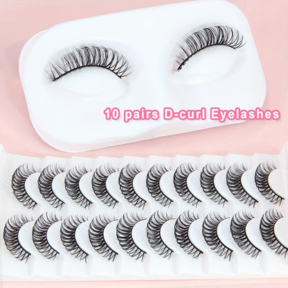 10 Pairs D-Curl False Eyelashes, Lightweight Natural Wispy 3D, 6-12mm Length, Reusable, Doll Eyes, Role Play