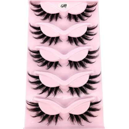 5 Pairs Cat-Eye 3D Faux Mink Eyelashes, Curling Winged Natural Realistic Messy End Elongated Thick False Eyelashes, Soft Fake Lashes