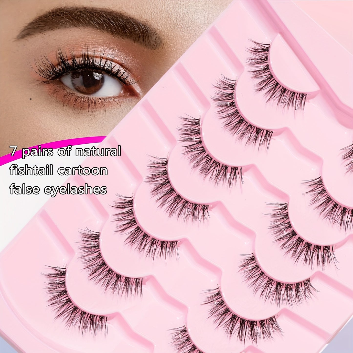 Hypoallergenic Natural Long Fish Tail False Eyelashes - 7 Pairs with Transparent Band, Soft Faux Lashes for Daily & Date Makeup