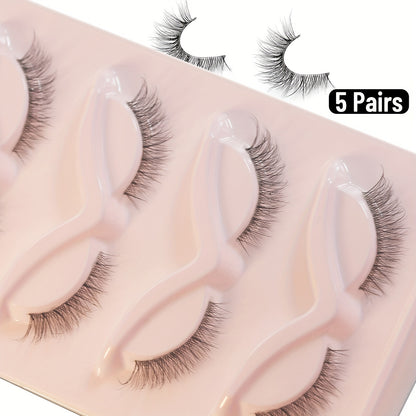 5 Pairs 3D Natural Faux Mink Wispy Cat Eye Lashes Pack with Transparent Stem, Crisscrossed Short Strip Lashes