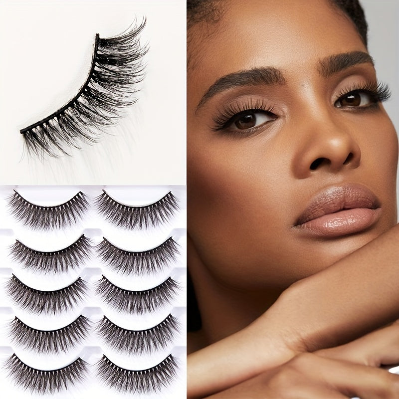 5 Pairs Natural Strip Lashes, 3D Volume Faux Mink, C Curl, Fluffy Cat Eye, Soft Curly, Flared Wing Tips, Reusable, Looks Like Extensions for Daily Use