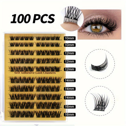 Individual DIY lashes Self-Adhesive Fluffy Cluster Eyelash Extensions - No Glue Needed, 40pcs/100pcs, Dense & Voluminous, 10-16mm Length, Easy Application, Doll & Cat Eye Look