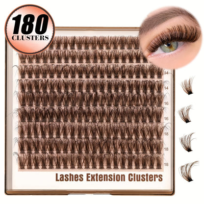 CURSAVELA 180pcs Brown Individual DIY lashes Lash Clusters - Fluffy Cat & Fox Eye Effects, 40D D-Curl Natural Look Extension Kit for Beginners