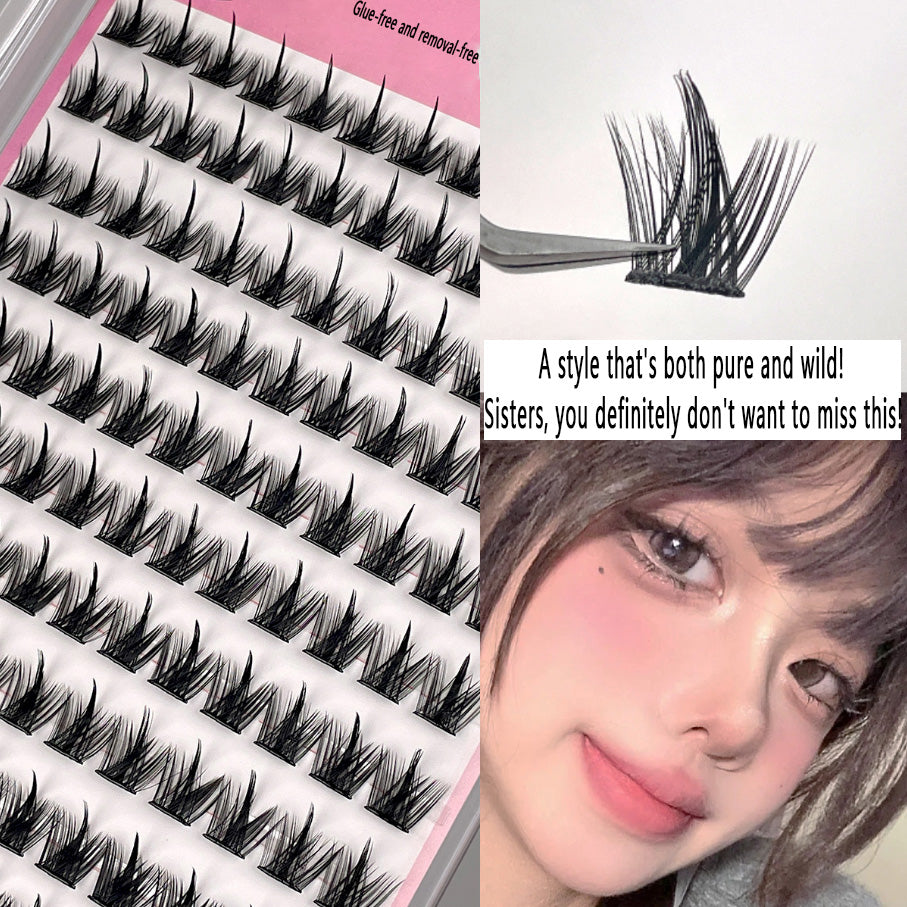 100pcs Glue-Free Pure Wild Devil False Eyelashes - Natural Segmented Self-Adhesive Eyelashes for Beginners