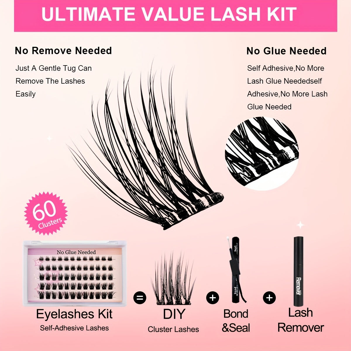 Individual DIY lashes 60 Pcs Reusable Self-Adhesive Cluster Lashes – DIY Press-On Extensions, Natural Look, 8-16mm