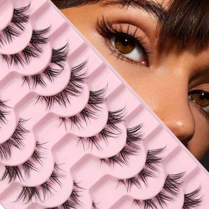 Fluffy Fox Eye False Eyelashes - Natural Look, Wispy Full Strip with Winged Ends, Reusable Faux Mink Lashes for Cosplay & Dance