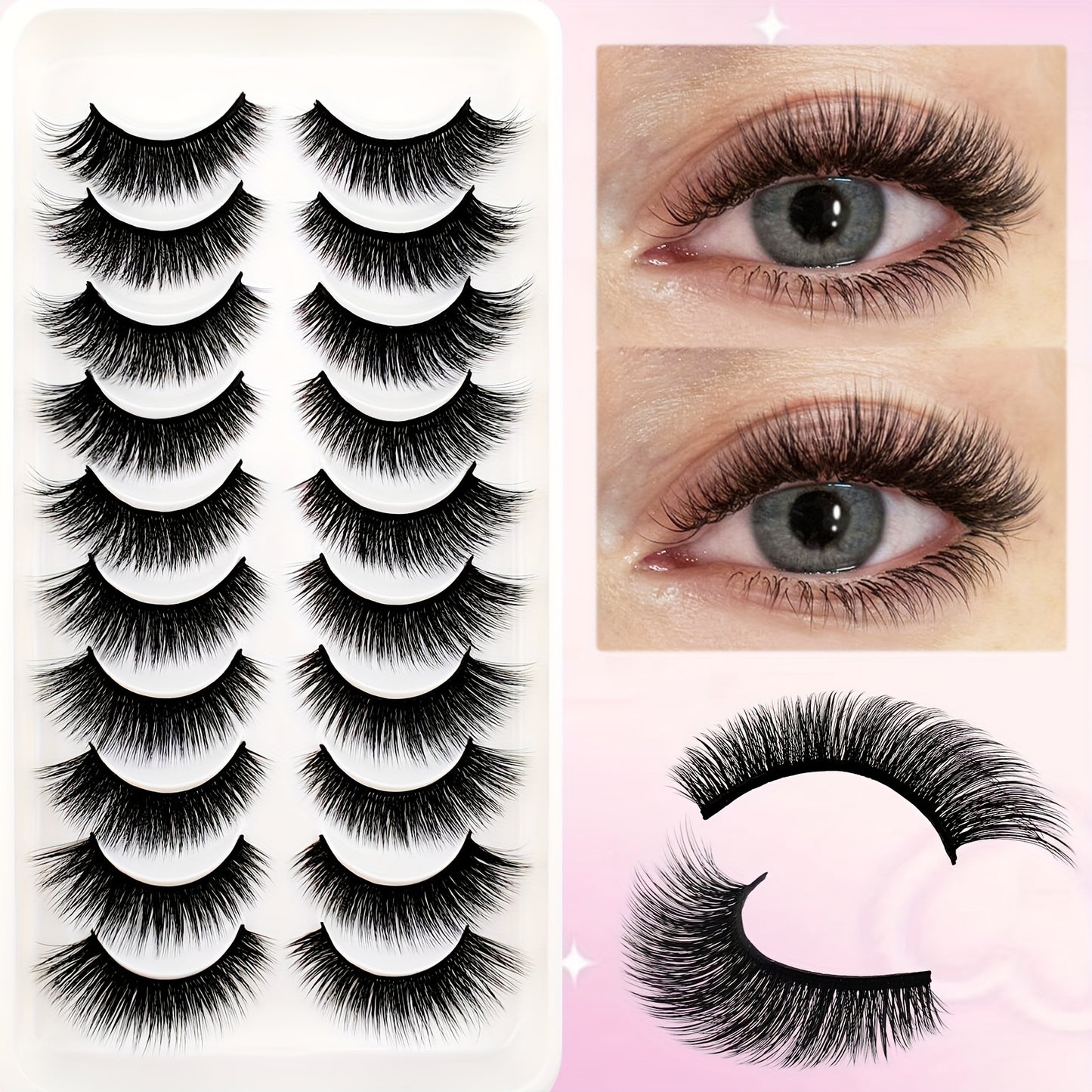 Princess & Beauty False Eyelashes 10 Pairs Set - Cat Eye Fluffy Volume C Curl Faux Mink Lashes in 6-9mm, 10-12mm, 13-15mm for Beginners, Reusable Multipack