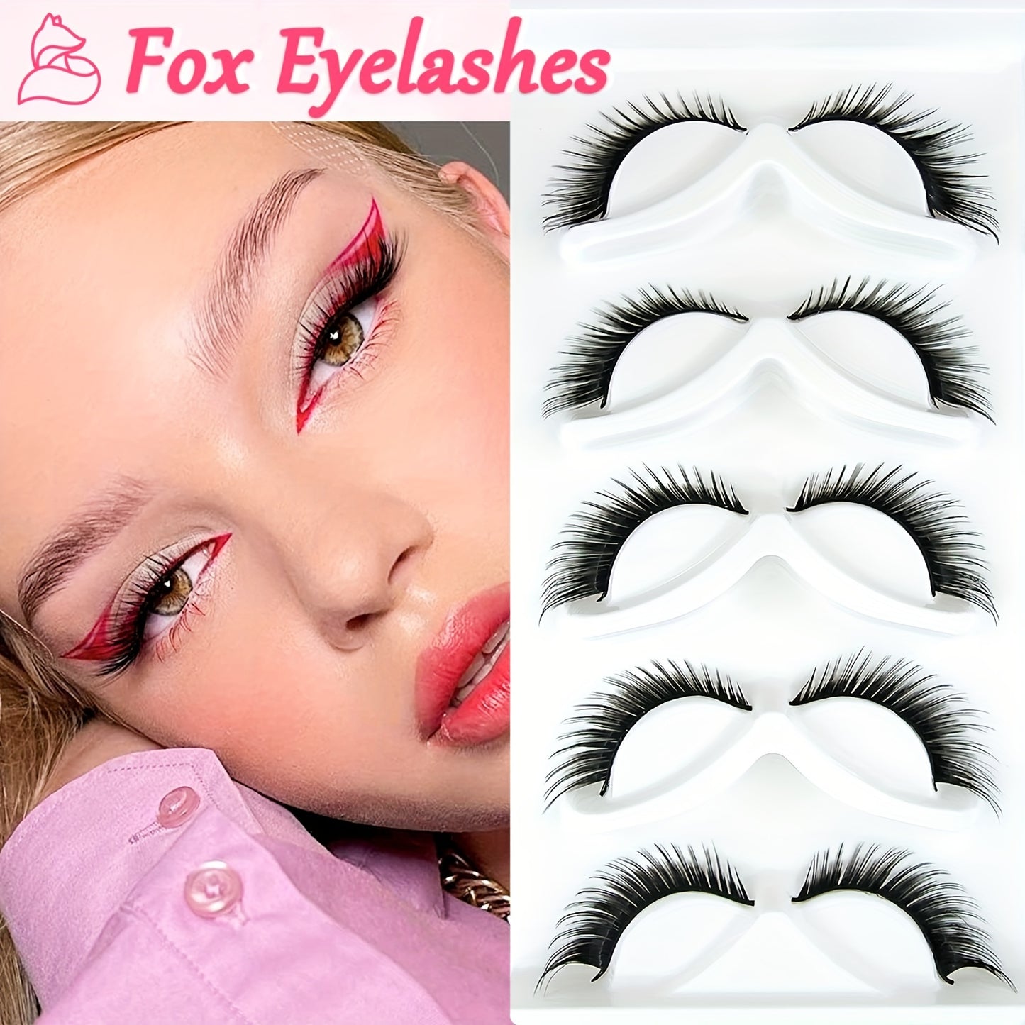 CURSAVELA 5 Pairs Faux Mink Lashes - Natural Winged Cat Eye, Fluffy Cat Fairy Design