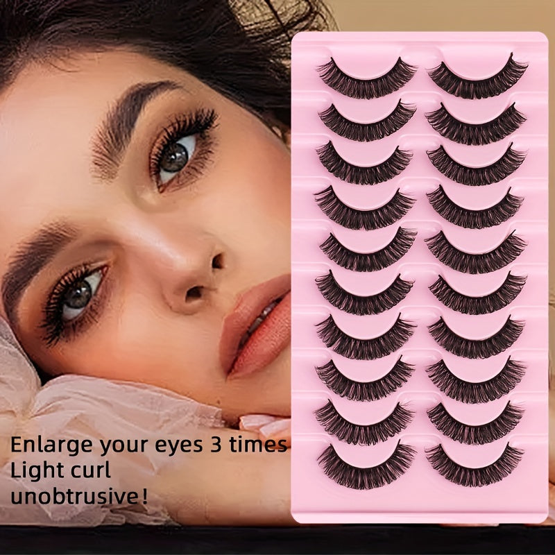 10 Pairs Fluffy D Curl False Eyelashes - Wispy, 3D Volume, Soft & Handmade for Beginners, Clear Band, 12mm Medium Length