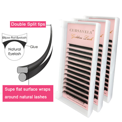 Ellipse Flat Eyelashes CURSAVELA with Soft Split Tips-Individual Faux Eyelash Extensions for a Natural Look,Flat Ellipse Design