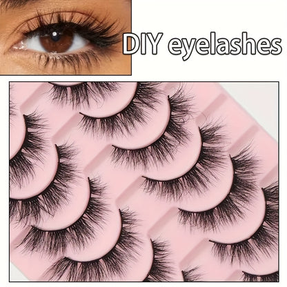 10 Pairs of Thick Cat Eye False Eyelashes - Natural Look, Fluffy, Handmade, Perfect for Daily Makeup.