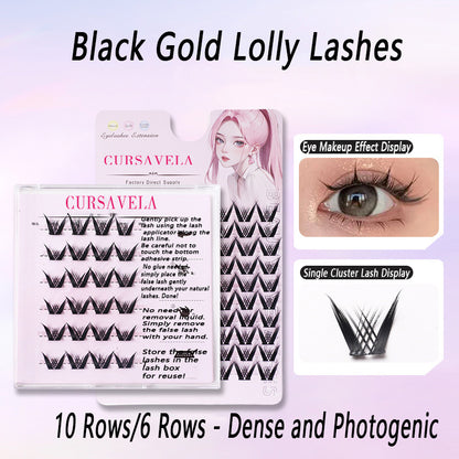 Black Gold Lolly No Glue False Lashes, 80 Clusters, Manga-Inspired Natural Pure Eyes Lash