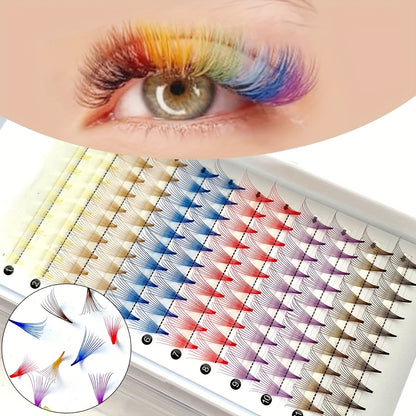 Colorful 10D Volume Fan Eyelash Extensions - 120 Clusters, Pointed Base, Easy-to-Apply & Reusable, Ethically Made, D-Curl, Mixed Colors (Yellow, Blue, Purple, Brown).