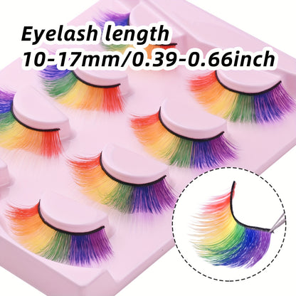 4 Pairs Mixed Colorful False Eyelashes, 10-17mm Rainbow Full Strip Black Stem 3D Curled Fluffy Thick Lashes for Anime Cosplay & Doll Makeup, Music Festival Looks