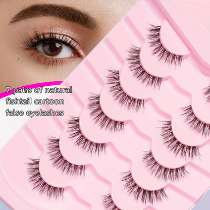 Hypoallergenic Natural Long Flare Fish Tail False Eyelashes - 7 Pairs Transparent Band Soft Faux Lashes for Daily & Date Makeup