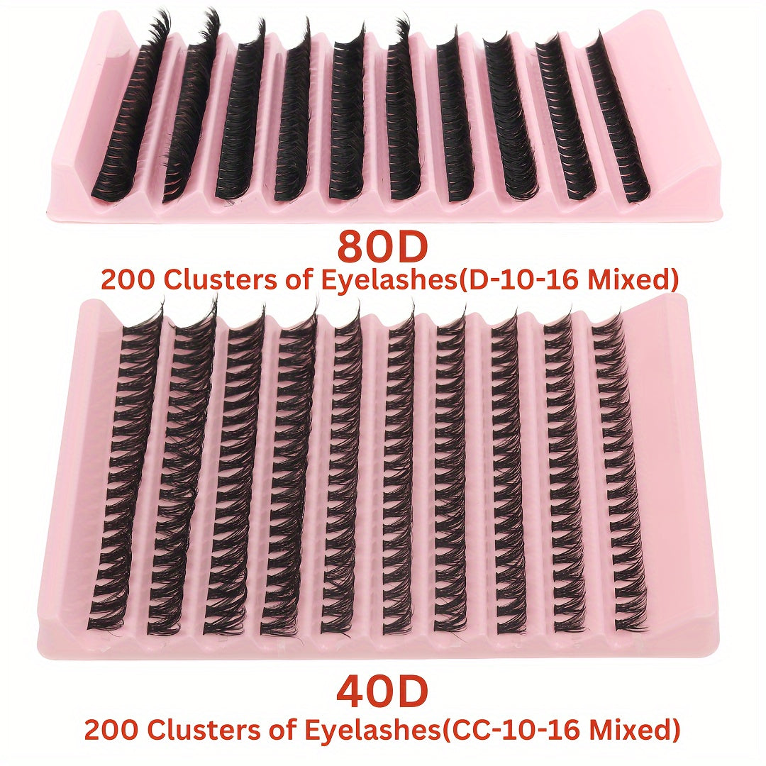 80D/40D Mixed Cluster Eyelash Extensions, 0.07mm, Russian DD & C Curl, 10-16mm, Self-Adhesive, Beginner-Friendly, Reusable False Eyelashes Kit