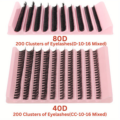 80D/40D Mixed Cluster Eyelash Extensions, 0.07mm, Russian DD & C Curl, 10-16mm, Self-Adhesive, Beginner-Friendly, Reusable False Eyelashes Kit