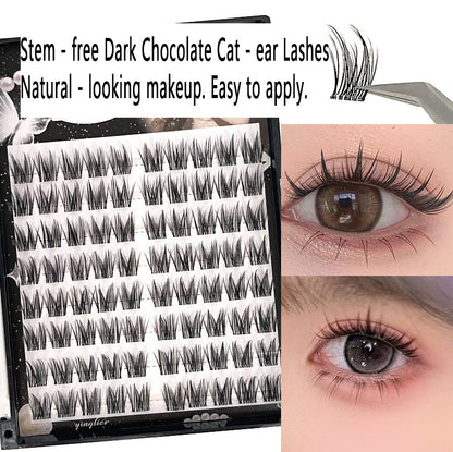 Glue - free Stemless Dark Chocolate Cat - ear False Eyelashes, 8 - row Large Capacity, Effortlessly Create Natural - looking Eyelashes